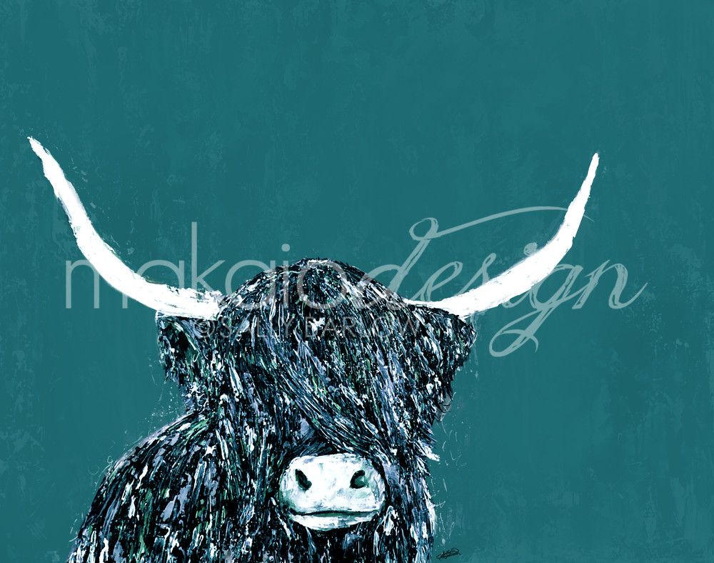 Monochromatic Teal Highland Cow Painting