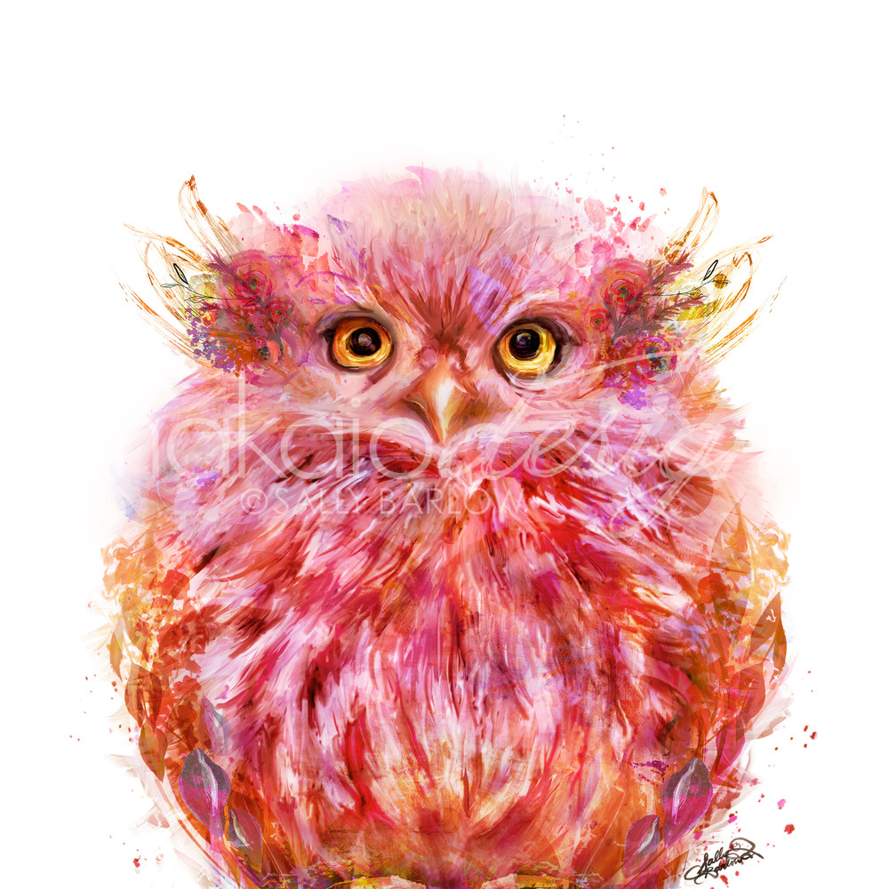 Coral pink fluffy baby owl square art print by Sally Barlow