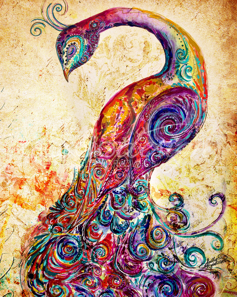 Mixed media colorful peacock art by Sally Barlow