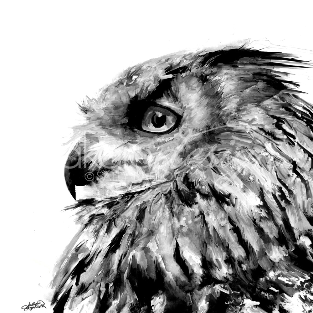 Unique black and white eurasian owl painting by sally barlow