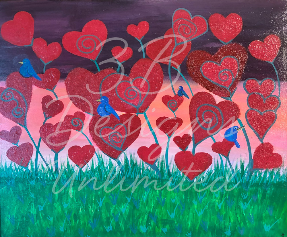 Dreamfield of Hearts – Whimsical Heart Garden Painting with Blue Birds | Romantic Fantasy Art by Barbara Bowling