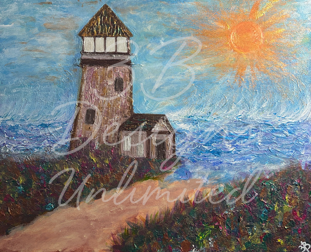 Guardian of the Windshore Path—Coastal Lighthouse Painting, Textured Seascape Wall Art, Vibrant Mixed Media Shoreline Artwork