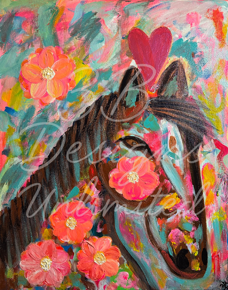 Enchanted Bloomsteed | Whimsical Horse Painting with Bright Florals & Heart Motif