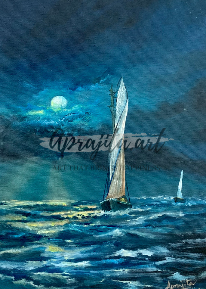 "Moon-Lit Stormy Seas" Art Print by Aprajita Lal