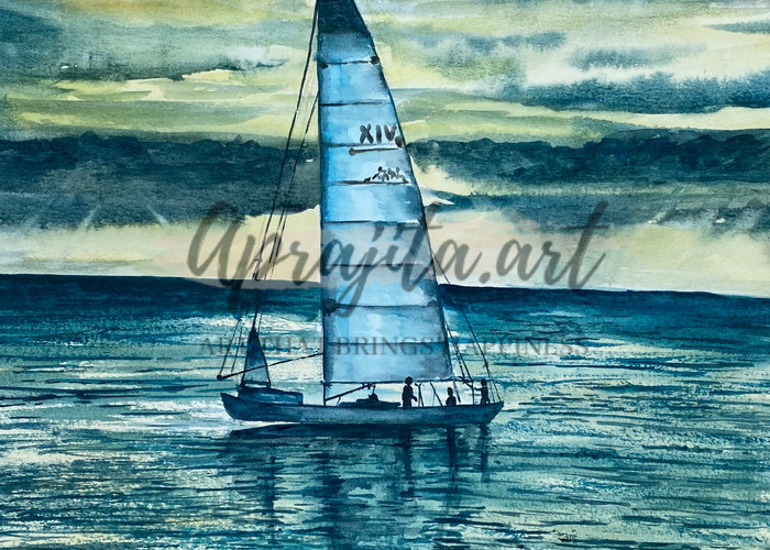 A Boat and stormy skies in watercolors by Aprajita Lal