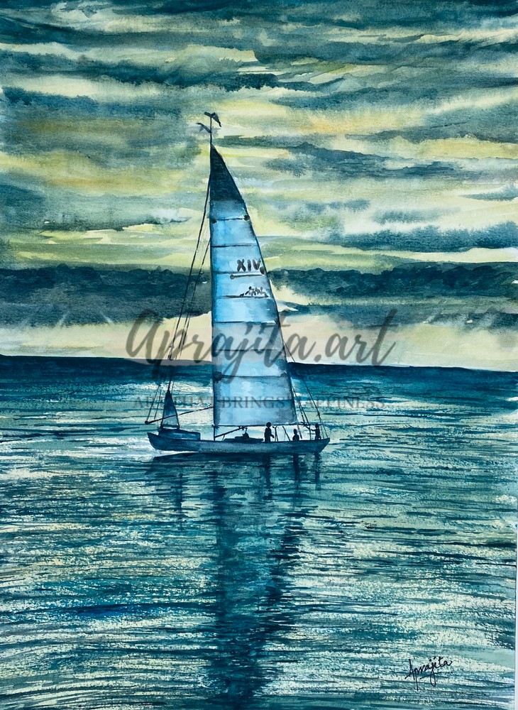 A Boat and stormy skies in watercolors by Aprajita Lal