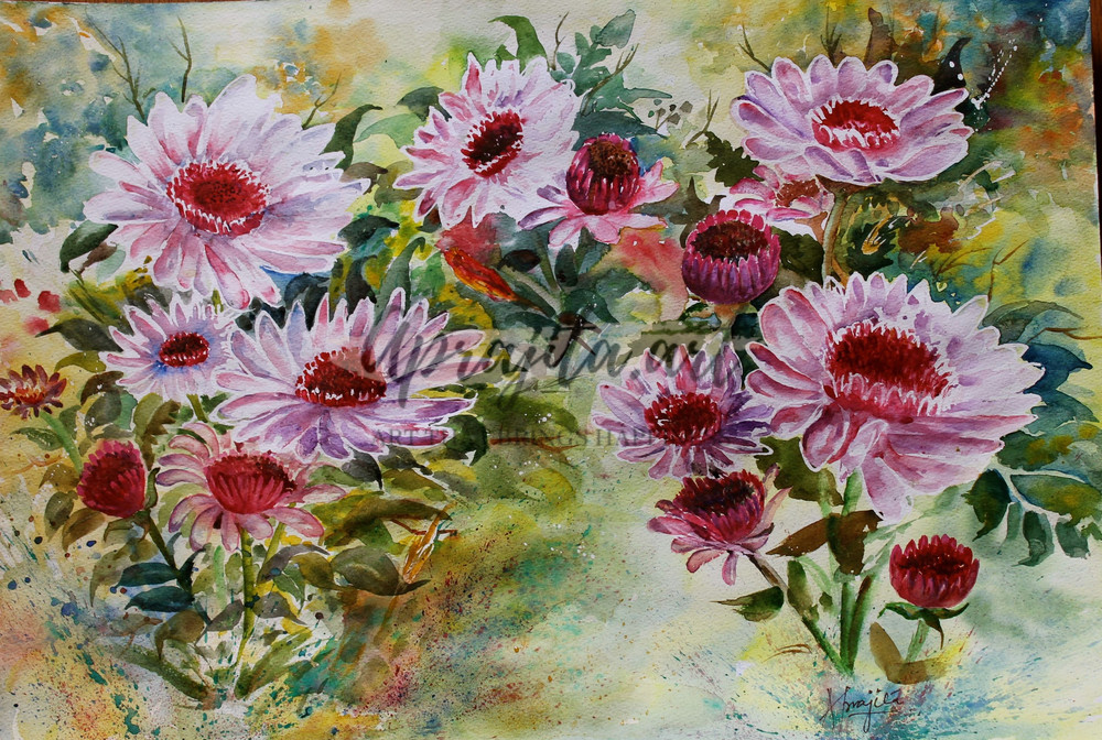 "Pink Blooms" in watercolors by Aprajita Lal