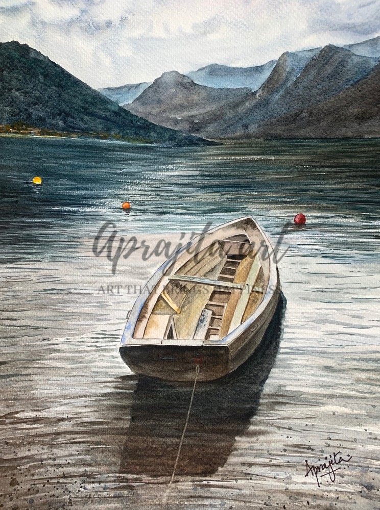 "A Boat at Lake Cuomo" in Watercolors by Aprajita Lal