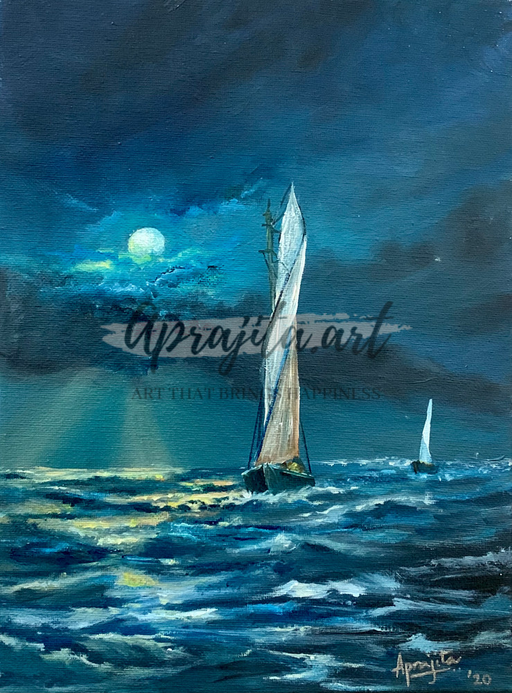 "Moon-Lit Stormy Seas" Art Print by Aprajita Lal