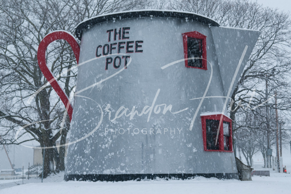 Famous Coffee Pot in Bedford, Pennsylvania covered in snow 