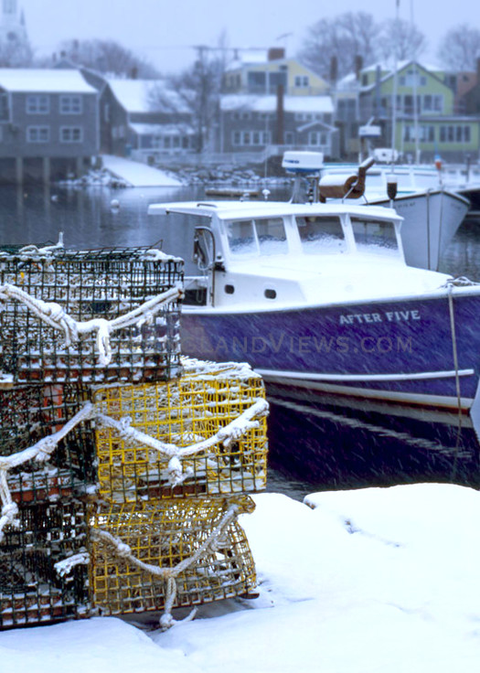 lobstertrap snow seagull fishing boats rockport harbor