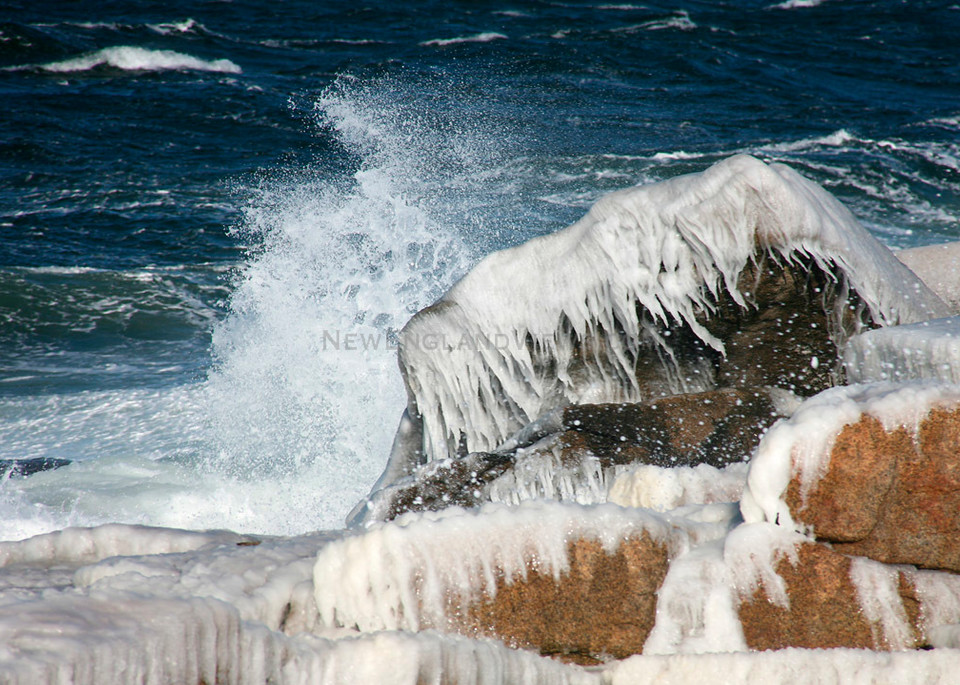 ice rocks storm waves seascape rockport