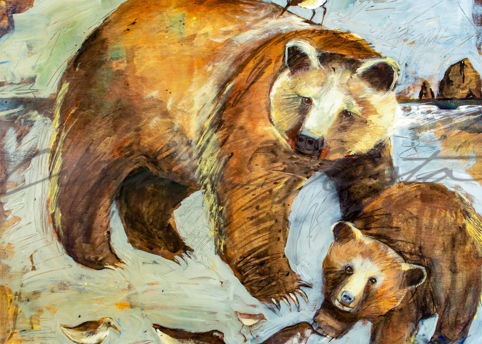 Bears By The Sea: Mama Bear And Cub With Sand Pipers Art | Cristina Acosta Art & Design llc
