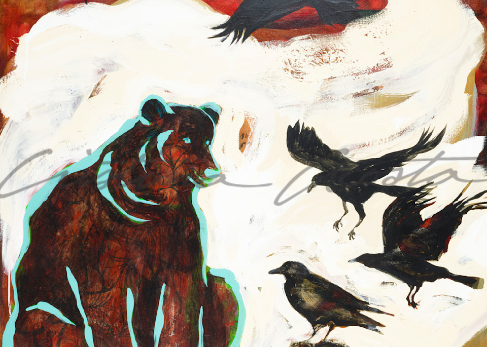 Sitting bear with crows ravens by Cristina Acosta