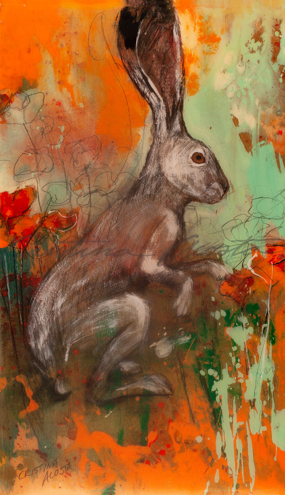 Jackrabbit standing in California Poppies painting on wood