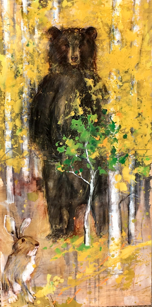 Standing Black Bear in Yellow Aspens with Hare