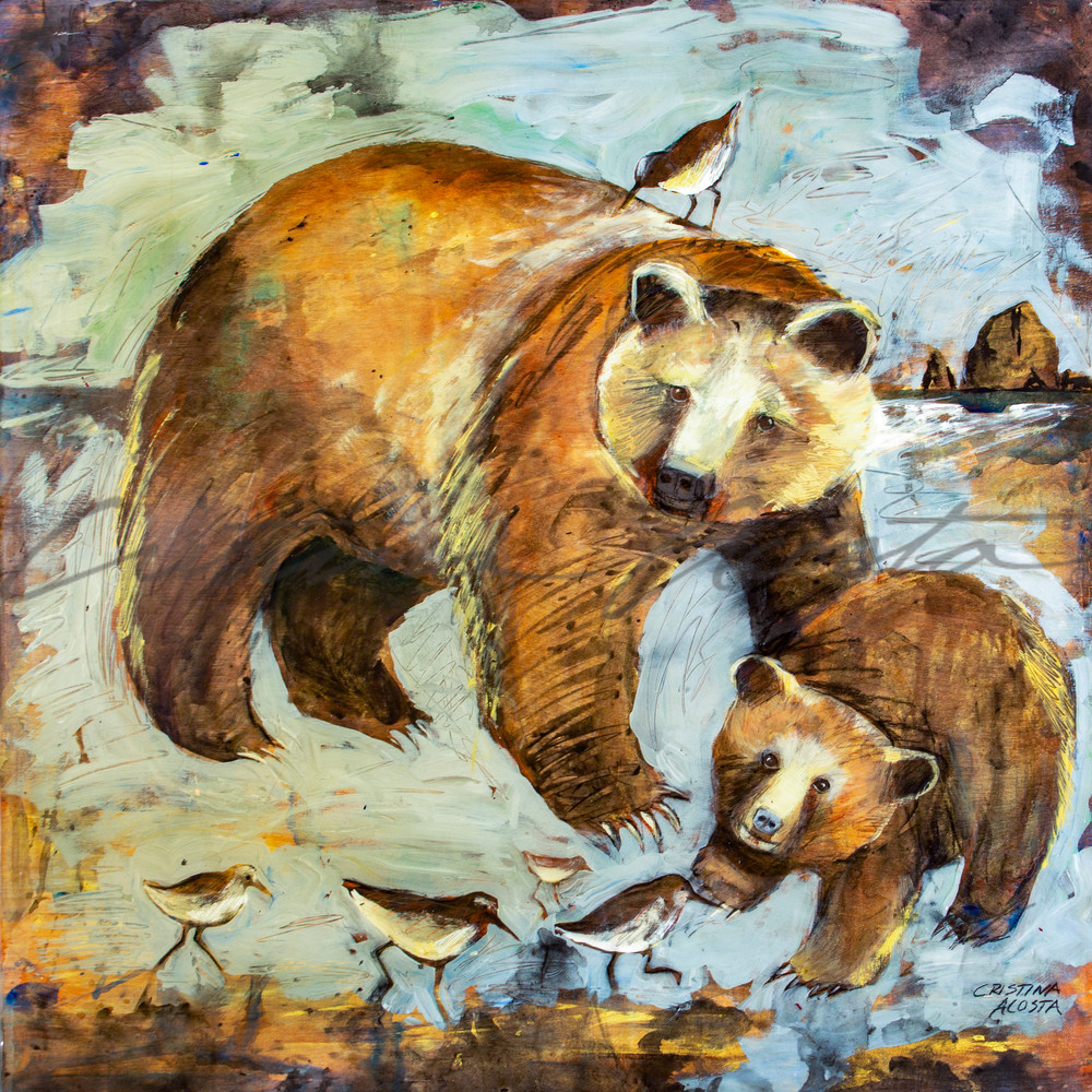 Bears By The Sea: Mama Bear And Cub With Sand Pipers Art | Cristina Acosta Art & Design llc
