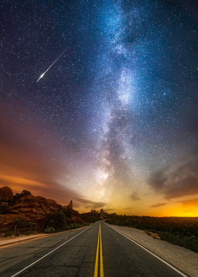 Who Goes There?, a Road Heading to the Milky Way with a Meteor Shooting Through