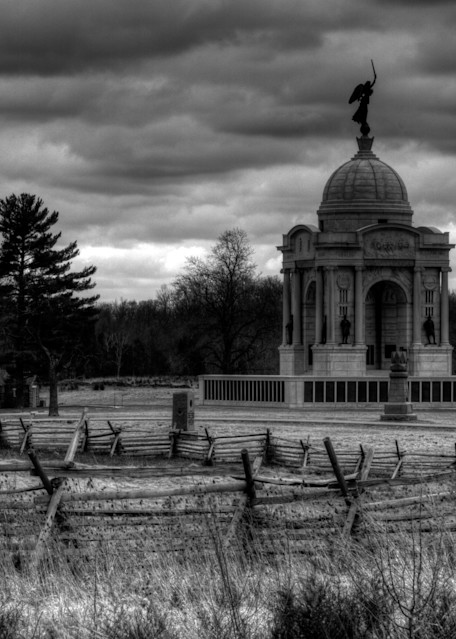 A Black and White Fine Art Photograph of a Cloudy National Monument of Gettysburg by Michael Pucciarelli