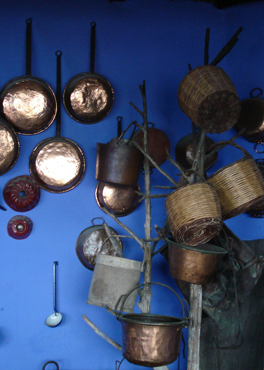 Italy photograph kitchen blue pots and pans copper