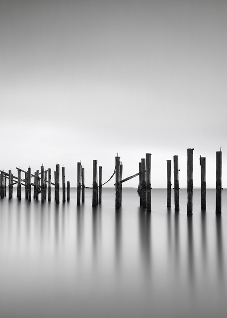 "Still" Fine art, black and white seascape pier pilings photograph
