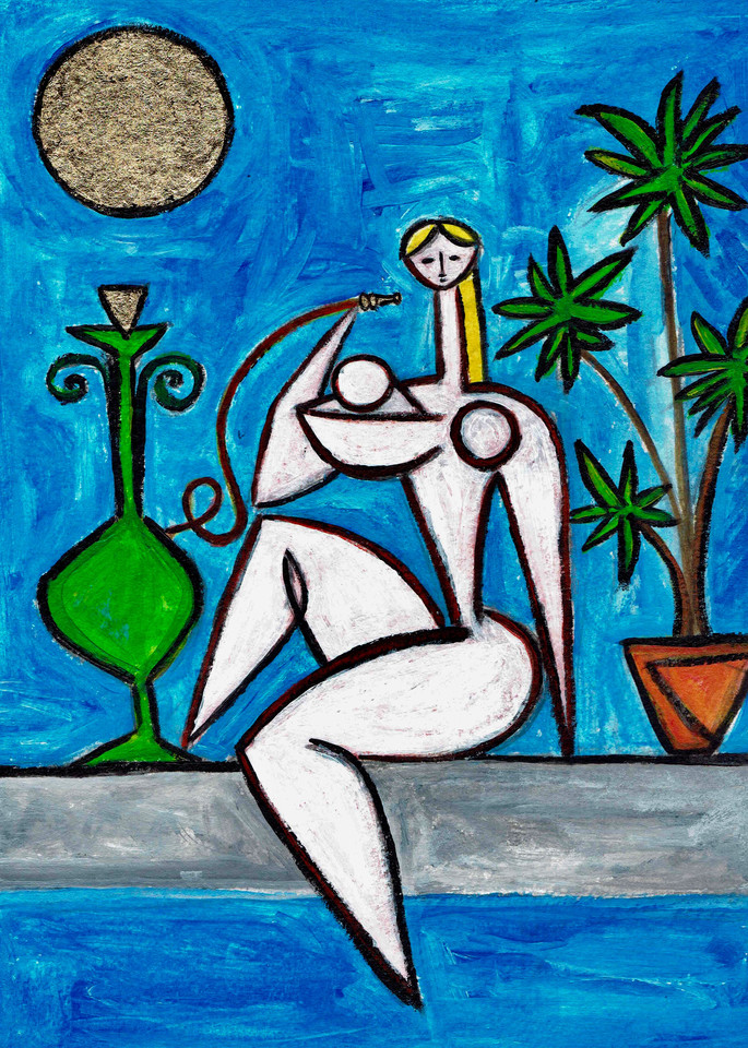 Poolside with Green Hookah Painting by Wet Paint NYC Artist Paul Zepeda