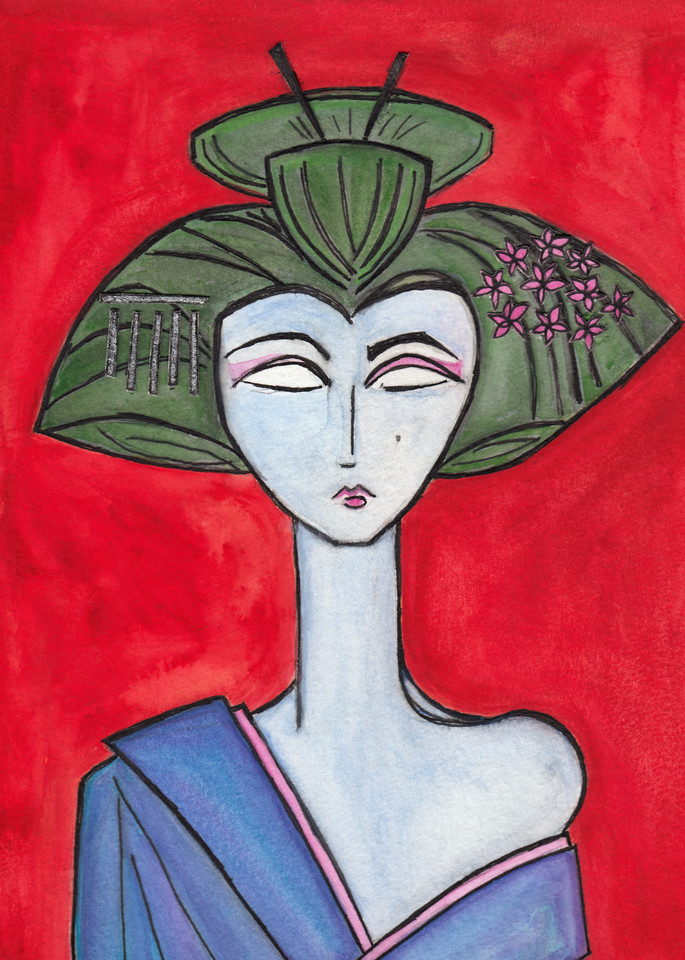 American Maiko with Red Background Painting by Wet Paint NYC Artist Paul Zepeda