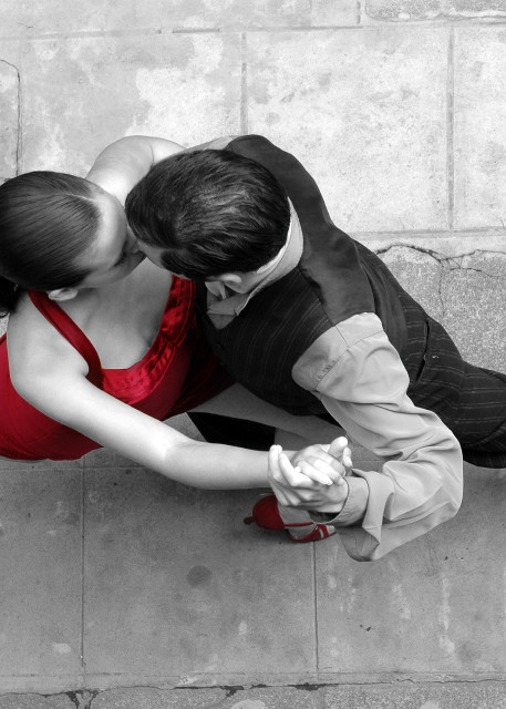 Couple dancing Argentinian Tango, viewed from above in a fine art photograph
