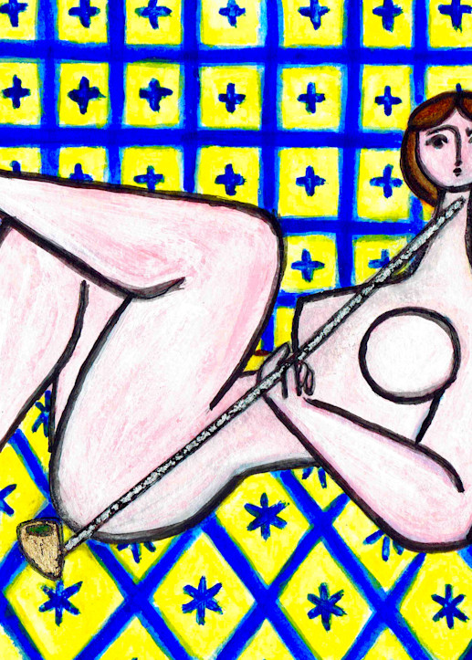 Nude with Pipe in Yellow and Blue Interior Painting by Wet Paint NYC Artist Paul Zepeda