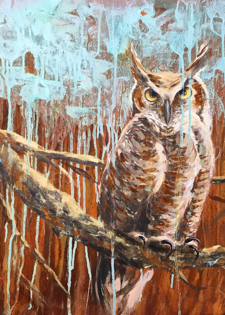Owl on branch painting, great horned owl, owl art, abstract