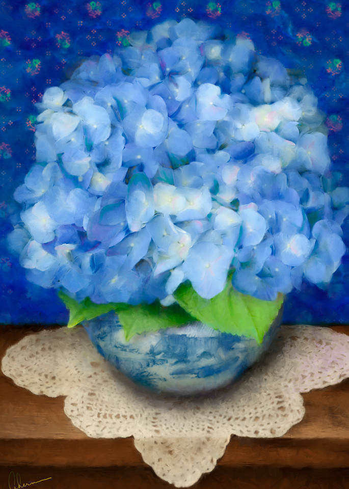 Delft Blue Hydrangea, wall art. A print of an original painting by the artist, Mary Ahern.