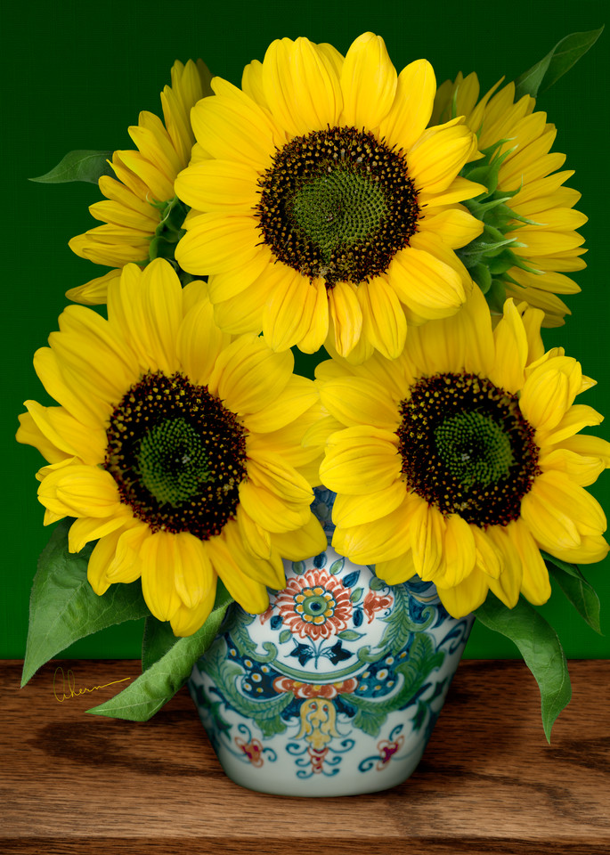 Sunflowers in a Makkum Pot, a still life. Homage to van Gogh, wall art. A print of an original painting by the artist, Mary Ahern.