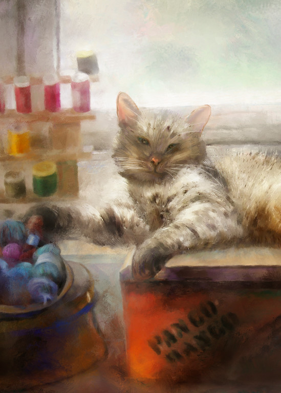 Marco the cat laying in the sunshine of the Craft Room, wall art. A print of an original painting by the artist, Mary Ahern.