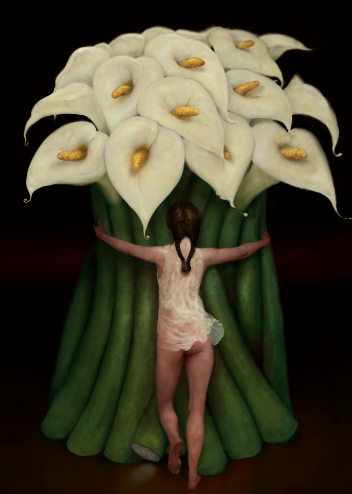 “LILY,” by Burton Gray; Mexican lady hugging calla lilies.