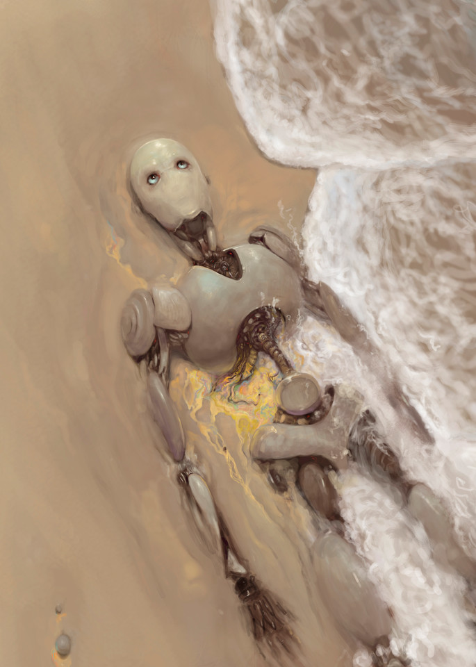 Burton Gray’s “TRANSITIONS,” sad robot dying on the beach.