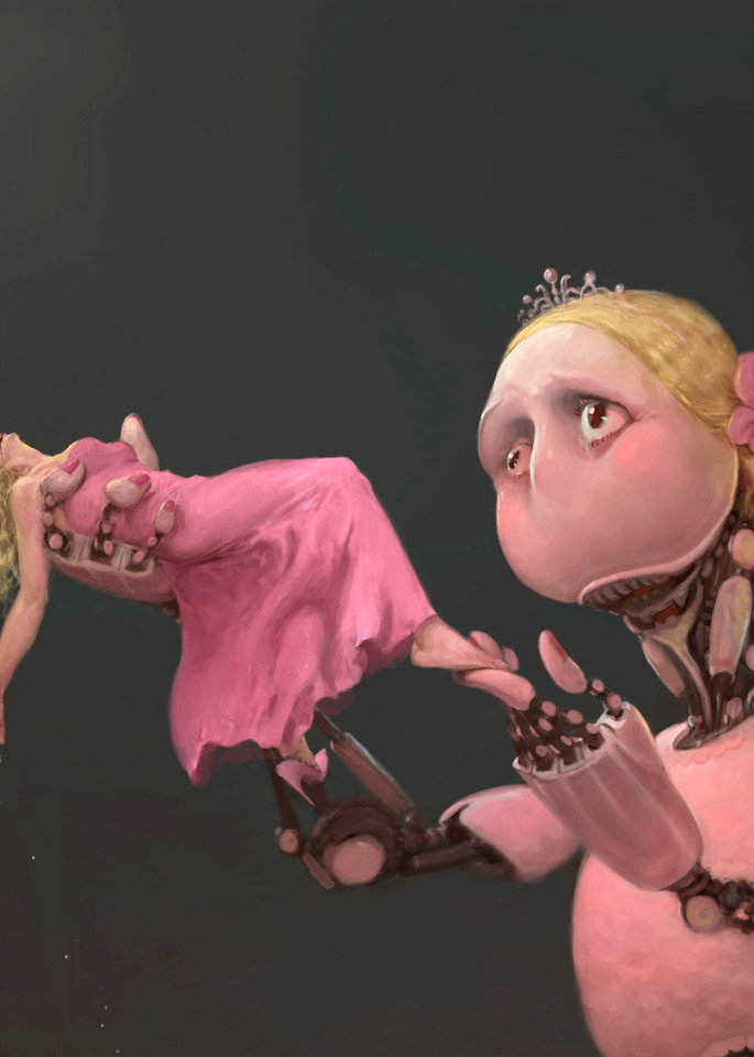 Burton Gray’s painting, “Broken Barbie,” a pink robot who broke her Barbie.