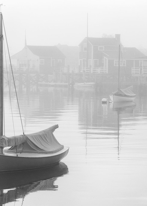 "Nantucket Harbor Foggy Dawn" Black &White Sailboat Photograph