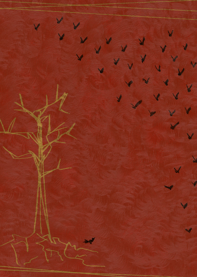 Crows fly away from a gold tree on a red ground.