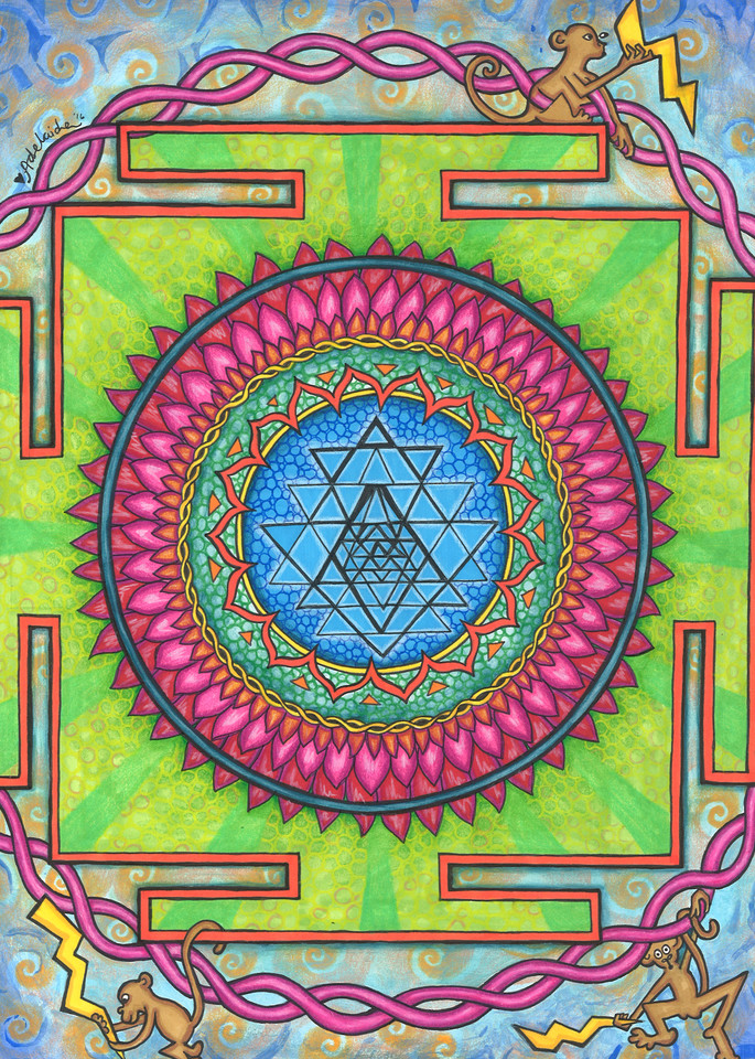 monkey mind, mandala, watercolor art, sri yantra