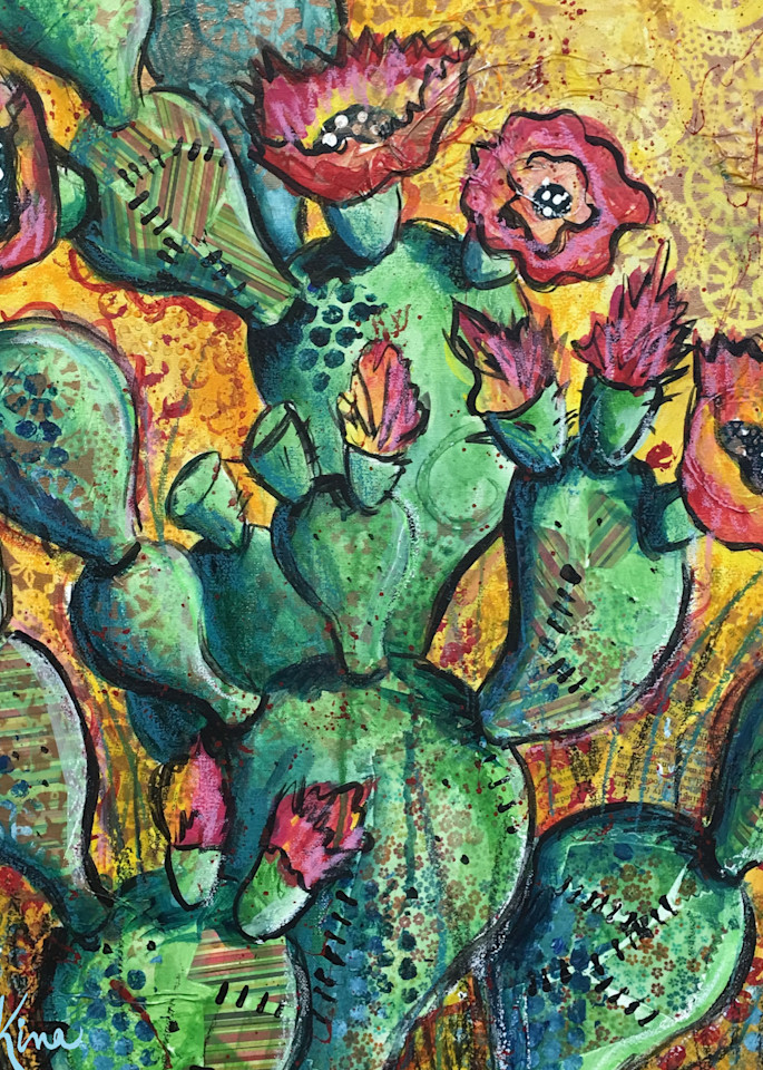 Mixed Media Art Painting of Green Cactus with yellow background