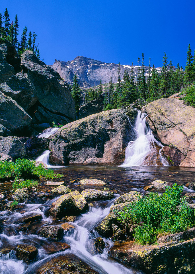 Fine art prints and displays of waterfall on Glacier Creek under a Colorado blue sky