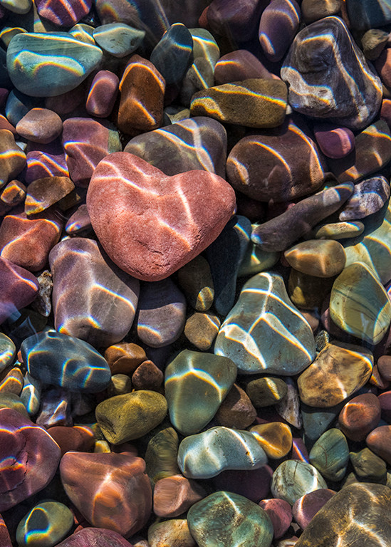 Touching heart shape rock amidst colorful stones in lake