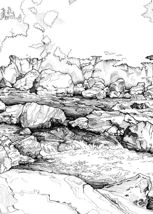Chetco River Gorge Pen and Ink by Spencer Reynolds