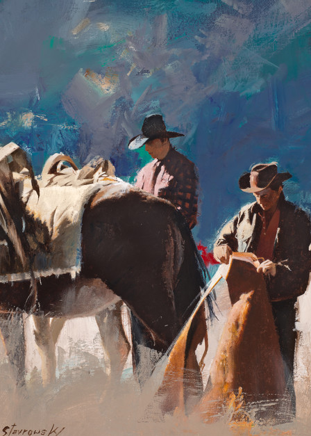 Three Cowboys Saddling Up Art | Lesa Delisi, Fine Arts
