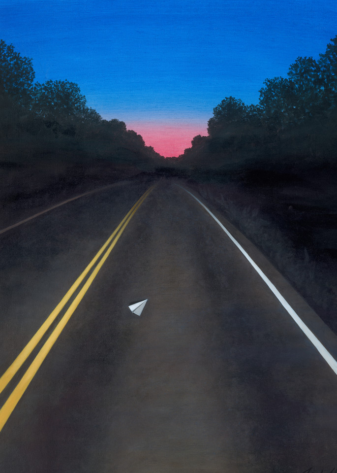 Dawn Road - Paper Airplane series painting on canvas of night road and morning sky by Paul Micich - for sale at Paul Micich Art