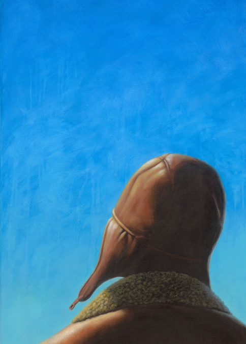 Aviator - Paper Airplane series painting on canvas of figure in aviator cap and bomber jacket by Paul Micich - for sale at Paul Micich Art