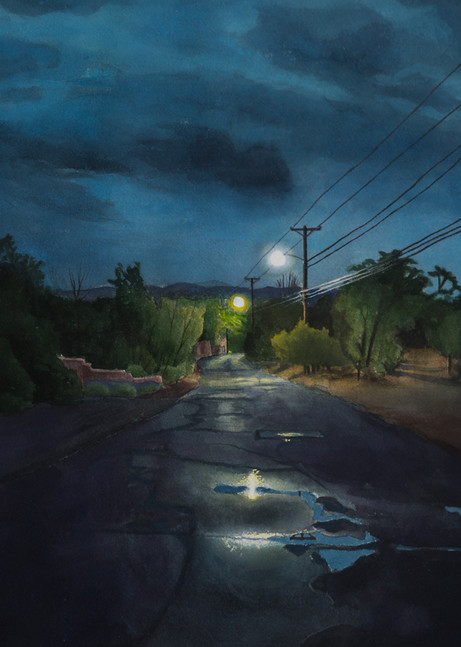 landscape, nightscape, painting, gouache, canyon road, new mexico, santa fe, nocturne, upper canyon road