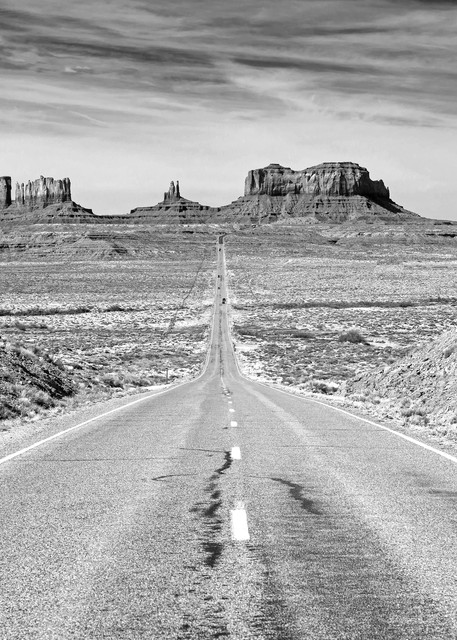 iconic road into monument valley black and white