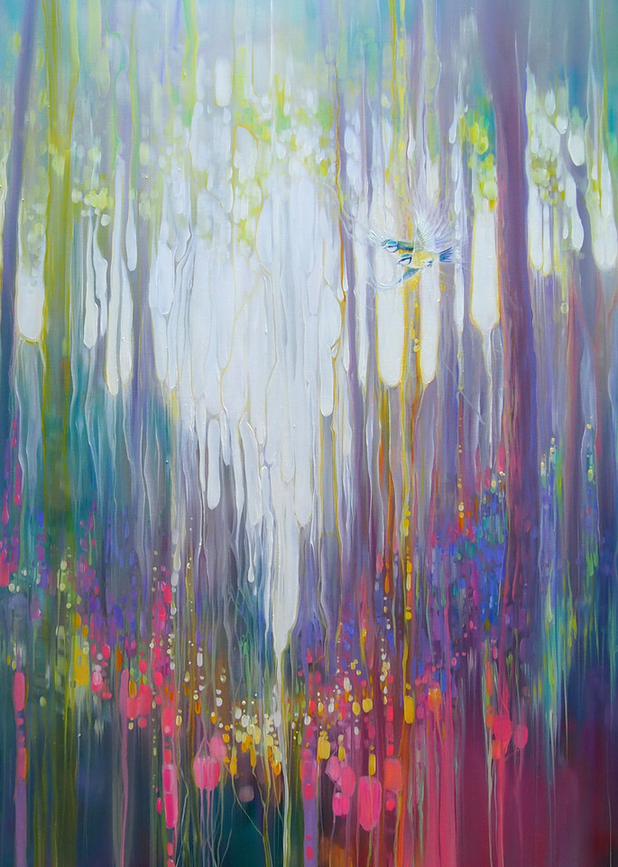 print of abstract forest clearing with wildflowers and woodland birds