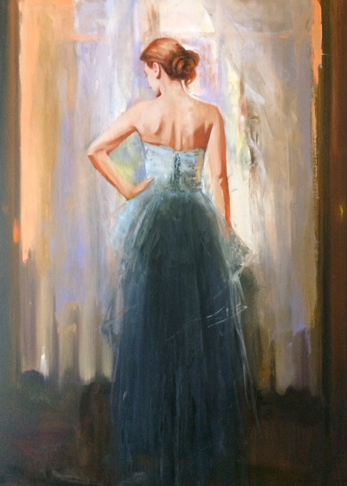 Beautiful painting of young woman in formal gown standing by a window.